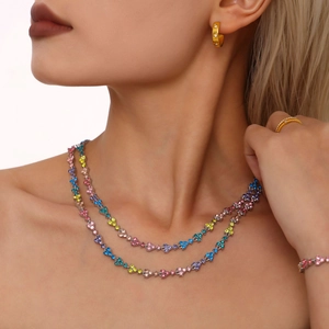 Luxurious 18k gold plated stainless steel necklace with colorful zircon flower charms