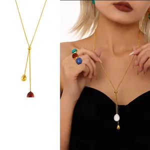 Long Y Necklace 18K Gold Plated Stainless Steel With Resin Teardrop Pendant Adjustable Slider Sweater Chain For Women