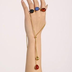18K gold plated necklace with teardrop resin tassel and matching vintage gemstone rings
