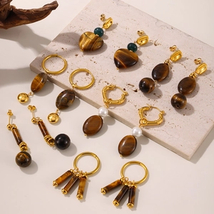Boucles Oreilles Pendantes Vintage Oeil De Tigre Pierre Naturelle Acier Inoxydable Plaqué Or Bijoux Bohèmes