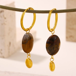 Boucles d'oreilles vintage en œil de tigre plaqué or 18k avec pendentif Lucky