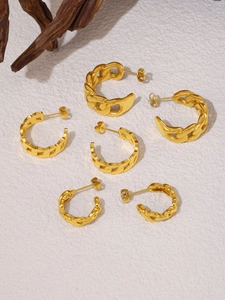Detailed set of three gold plated stainless steel C-shaped chain link stud earrings