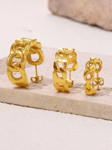 Three sizes of 18K gold plated stainless steel Cuban chain C-shape hoop earrings set