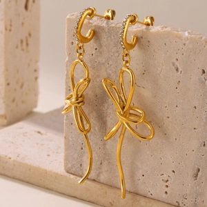 Luxurious 18K gold plated bowknot tassel drop earrings featuring sparkling crystal pavé