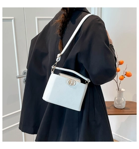Detailed close-up of a white textured crossbody bag with elegant golden oval metal lock