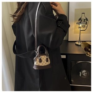 Detailed view of mini plaid shell bag with brown leather trim and retro-style hardware