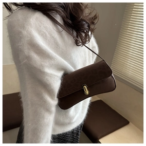 Detailed view of brown suede underarm bag with gold metal buckle and leopard pattern flap