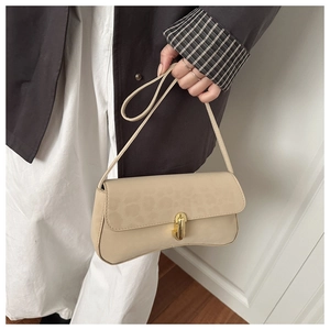 Detailed view of beige suede baguette bag featuring leopard pattern and gold buckle clasp