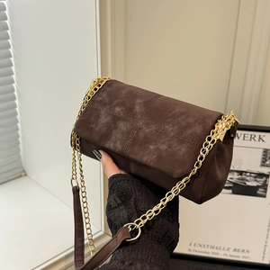 Women Retro Frosted PU Suede Crossbody Bag Gold Chain Shoulder Bag Simple Cross Stitching Flap Square Bag