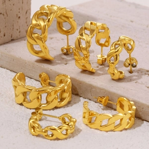 Cuban Chain Link C-Shaped Hoop Stud Earrings For Women Stainless Steel 18K Gold Plated Modern Urban Hollow Geometric Style