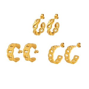 Three pairs of 18K gold plated stainless steel C-shaped chain link stud earrings set