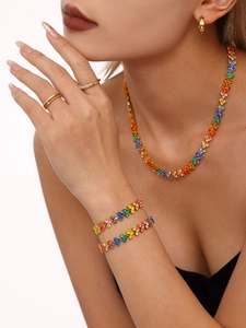 Close-up of rainbow butterfly jewelry set with zircon crystals and 18K gold plating