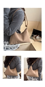 Detail of brown textured shoulder bag with geometric embossing and slim cylindrical strap