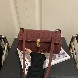 Vintage Leopard Print Suede Underarm Bag For Women Metal Lock Buckle Small Square Shoulder Bag Fashion Elegant Handbag