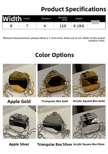 Detailed view of mini metallic acrylic evening bags in geometric shapes with chain strap