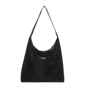 Sac hobo minimaliste en cuir noir avec lettrage doré et bandoulière réglable