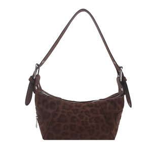 Brown leopard print hobo shoulder bag in faux suede with silver metal rivets and buckles