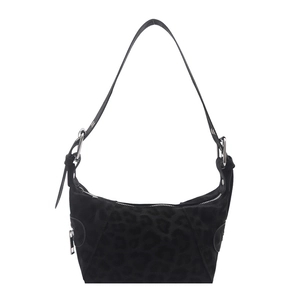 Retro black leopard print suede hobo bag with crescent shape and silver metal hardware