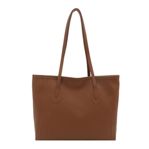 Classic brown PU leather tote bag with vertical stitching and slim shoulder straps
