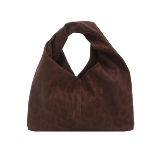 Brown leopard print tote bag with knotted handle in matte suede finish for women