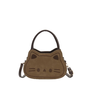 Sac bandoulière chat marron café en suédine avec visage de chat brodé élégant