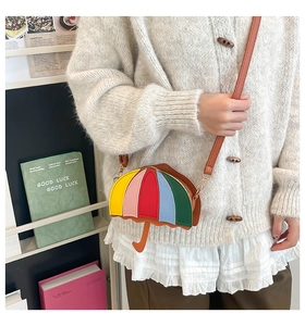 Detail of creative umbrella-shaped crossbody bag with colorful leather patchwork design