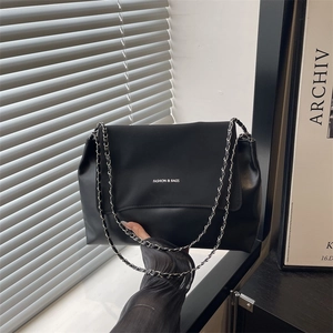 Chic black chain shoulder bag with white FASHION & BAGS print and matte leather finish