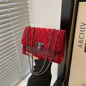 Velvet Quilted Crossbody Bag Diamond Lattice Metal Chain Strap Lock Buckle Retro Small Square Shoulder Handbag
