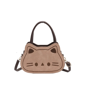 Sac bandoulière chat mignon beige avec broderie marron et garnitures dorées