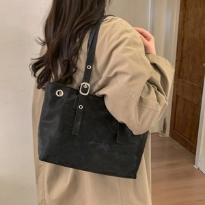 Vintage large capacity black tote bag with silver eyelets and adjustable strap for women