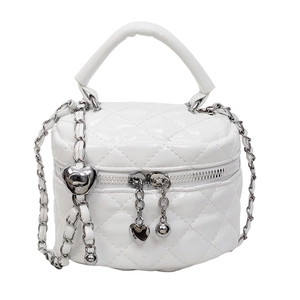 White quilted cylinder crossbody bag with heart silver hardware and chain strap