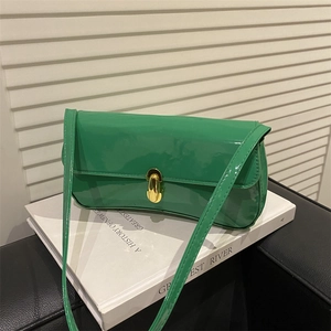Women French Style Patent Leather Underarm Bag Retro PU Baguette Shoulder Bag With Metal Buckle Solid Color Minimalist Handbag