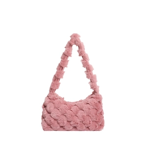 Pink plush woven tote bag with chunky knit texture for women's autumn winter fashion