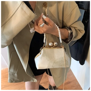 Detail view of floral embroidered clasp bag with pearl handle and golden chain strap