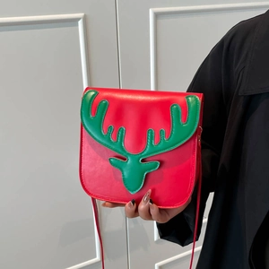 Red Christmas deer horn crossbody bag with flap cover and green antler decorative patch