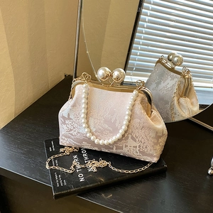 Vintage New Chinese Style Jacquard Evening Clutch Bag With Artificial Pearl Clasp Handle And Metal Chain Strap Women Qipao Bag