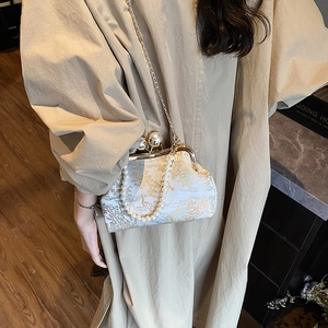 Elegant Chinese style jacquard clutch with pearl clasp and chain shoulder strap