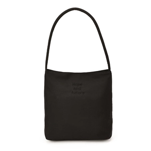 Black canvas tote bag with 'Hope and future' embroidery on minimalist shoulder strap design