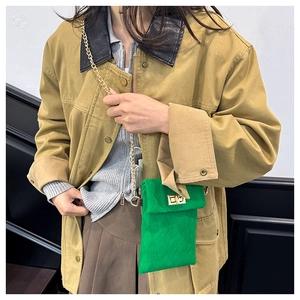 Mini green faux fur crossbody bag with gold chain strap and metal turn-lock closure