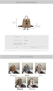 Detailed size chart and multi-color options for this stylish women's large backpack