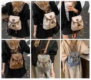 Close-up of retro drawstring backpacks in various colors shown on models in street style