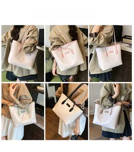 Detail showing various model perspectives of the vintage embossed cream tote bag