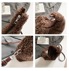Detail of brown faux shearling hobo bag with silver hardware and synthetic leather strap