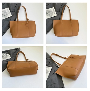 Multiple views showing the structure and large capacity of this brown vintage tote bag