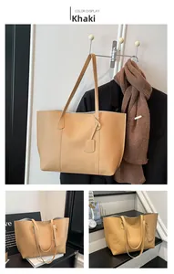 Detail of khaki PU leather tote bag showing soft texture and minimal decorative tag