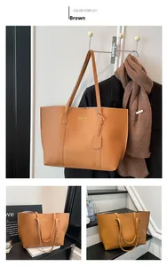 Detailed views of a large brown tote bag showing fashion lettering and versatile styling