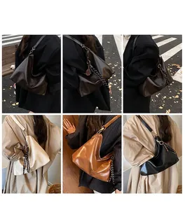 Vues détaillées d'un grand sac à bandoulière plissé présenté en plusieurs couleurs tendance