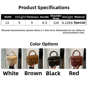 Size chart for mini quilted chain bag showing dimensions and four available colors