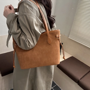 Brown frosted large capacity tote bag with drawstring details for women's daily commute