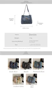 Detailed size chart and multi-color options for the denim star pattern tote bag
